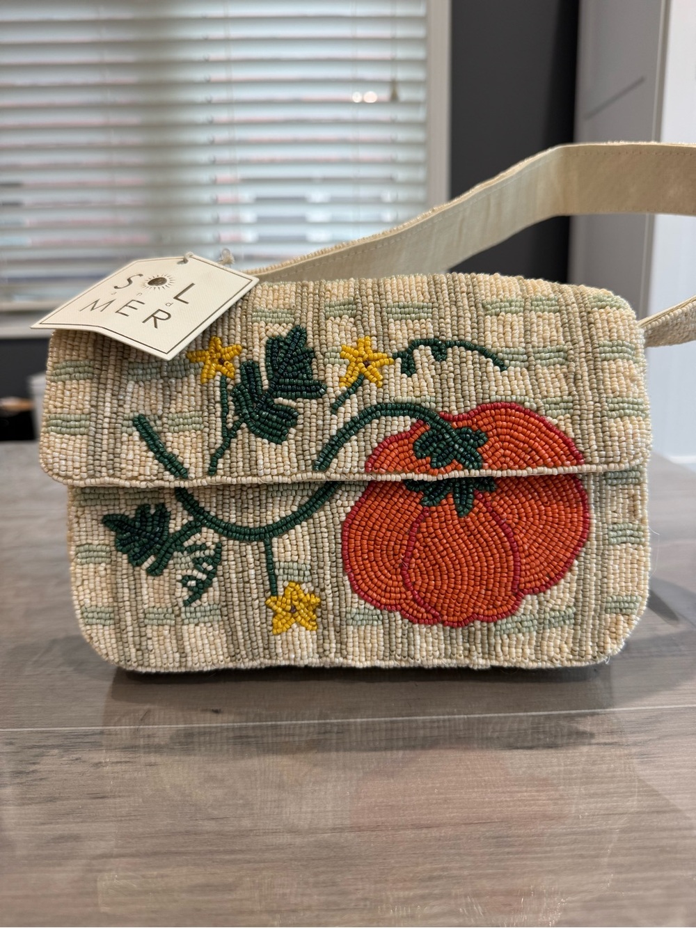 Beaded Pumpkin Shoulder Bag - Cream & Orange